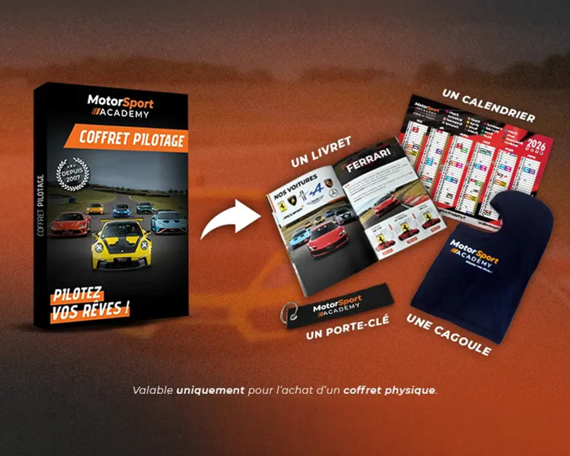 Contenu du coffret pilotage : Porte-clé, Cagoule, Calendrier et Livret