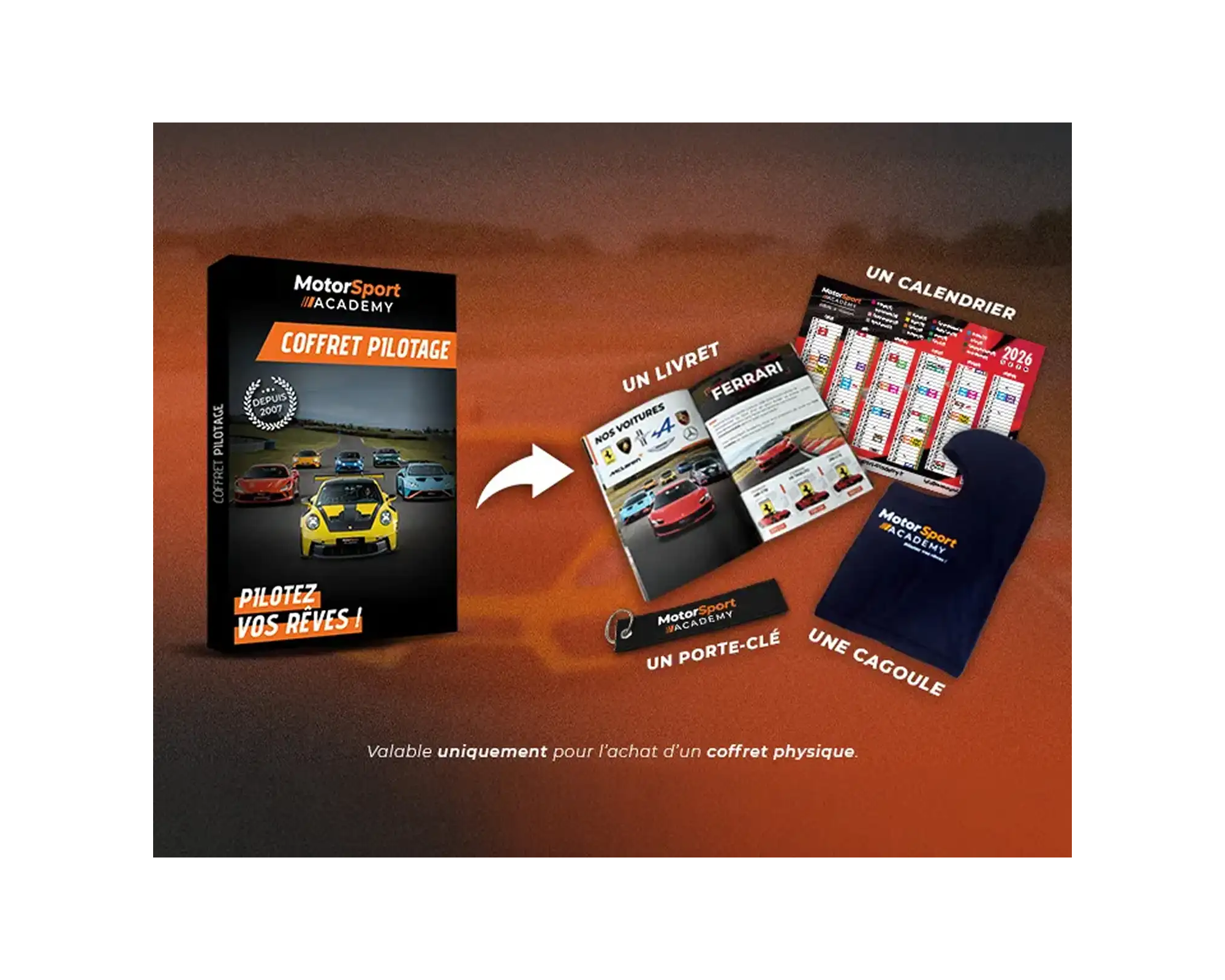 Contenu du coffret pilotage : Porte-clé, Cagoule, Calendrier et Livret